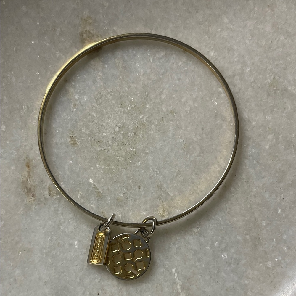 Coach Gold Tone Bangle Bracelet w/ Signature C & Hangtag Charms